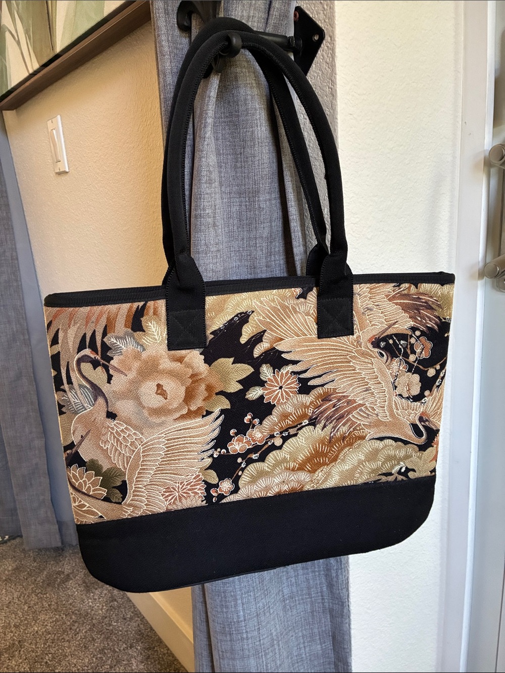 Floral Crane Embroidered Tote Bag in Black and Gold